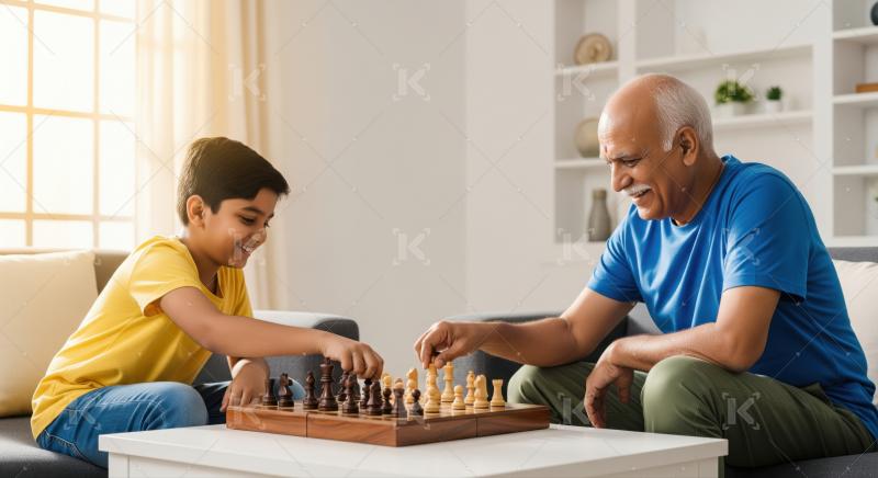 Happy Indian grandfather and grandson bonding over a strategic chess game.