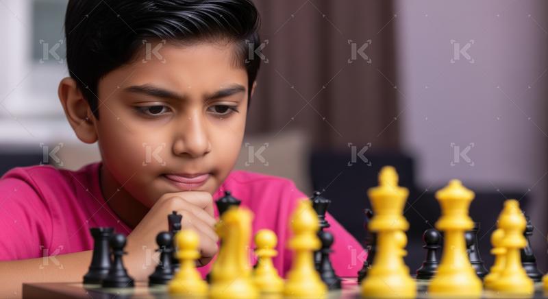 Focused child playing an intense, strategic game of chess indoors.