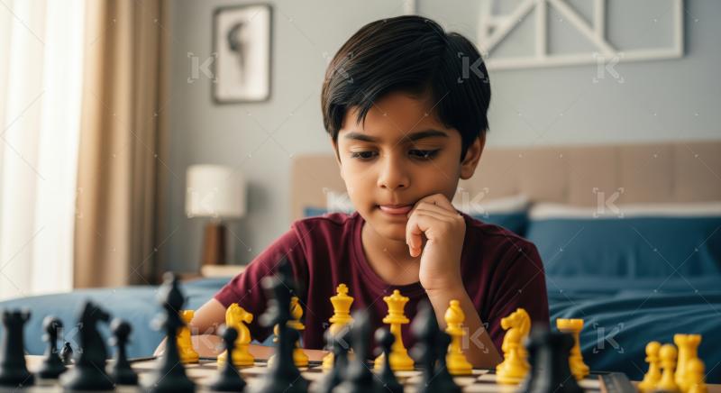Intelligent child intently considering his next move in chess.