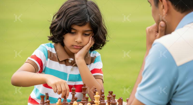 Young boy intensely focused on his outdoor chess game.