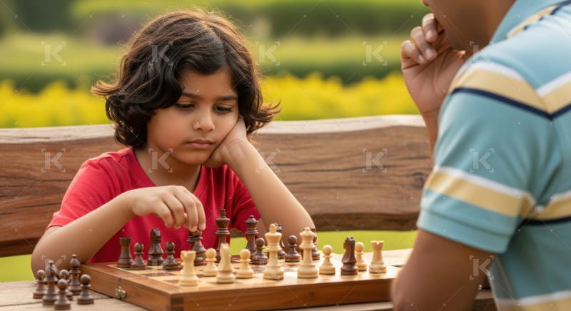 A focused young boy plays chess with an adult outdoors.