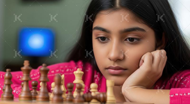 Young Indian girl thoughtfully strategizing next move in chess game.