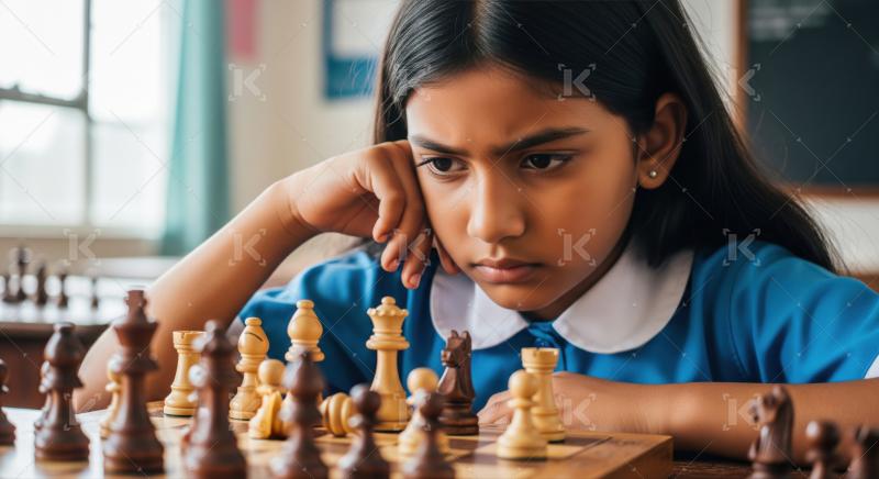 Thoughtful young girl intensely concentrates on her next chess move.