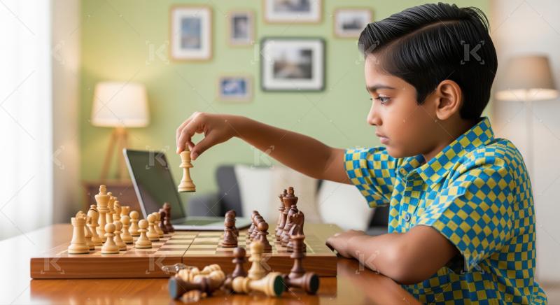 Indian boy concentrating hard during a strategic game of chess.