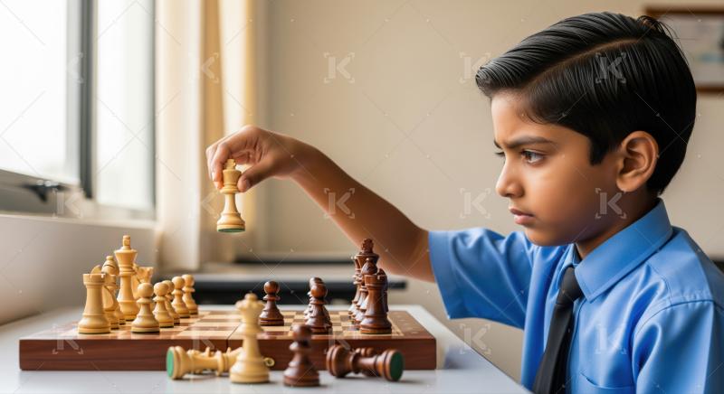 Focused young boy making a strategic move in intense chess game.
