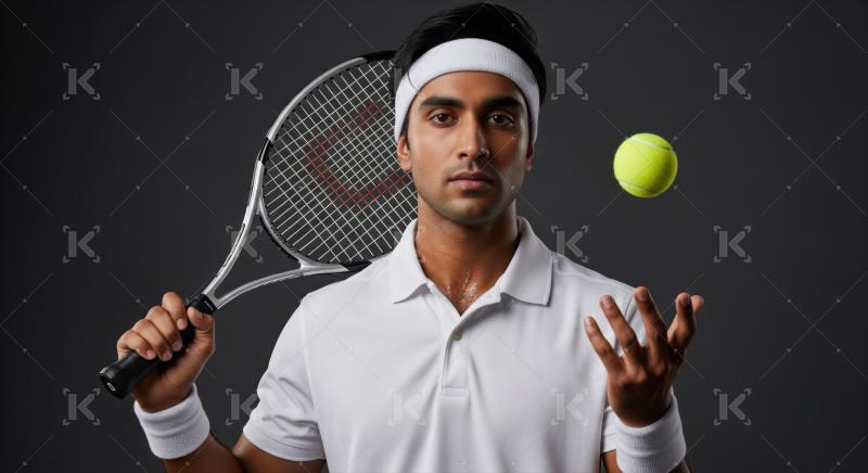 Focused young tennis player holding racket, ball hovering in air