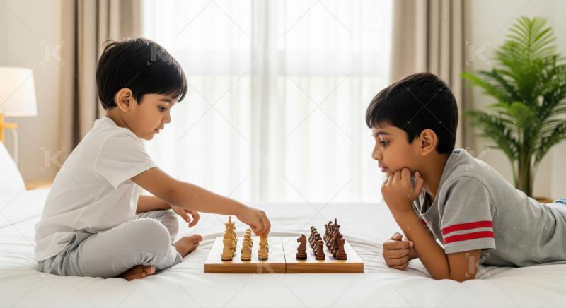 Two young boys focused intently on a game of chess.
