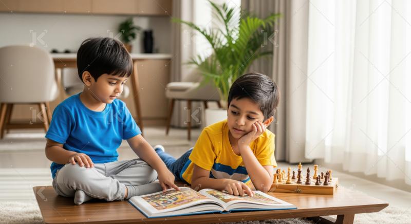 Young boys engrossed in a colorful picture book at home.