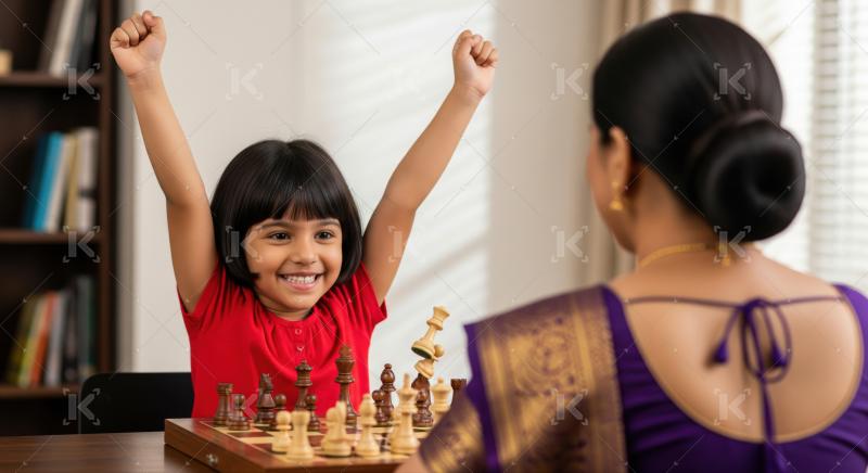 Indian girl celebrates winning a chess game with excitement.