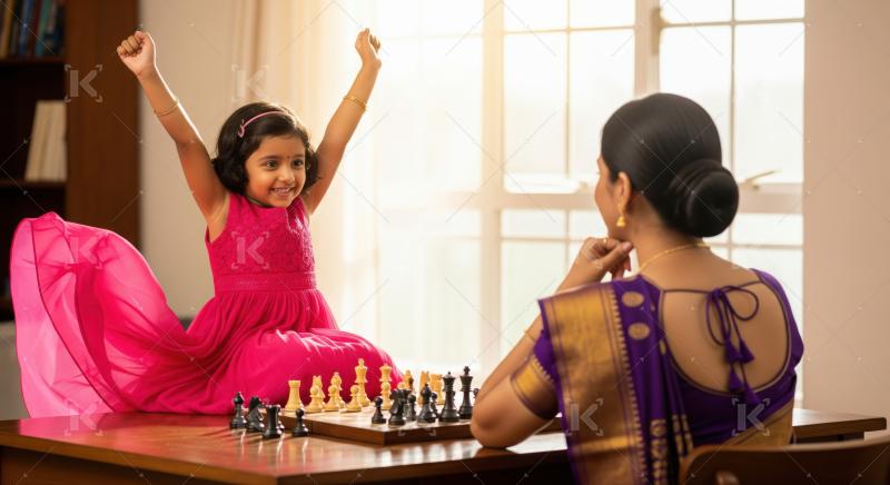 Happy Indian girl wins chess game, celebrates her victory