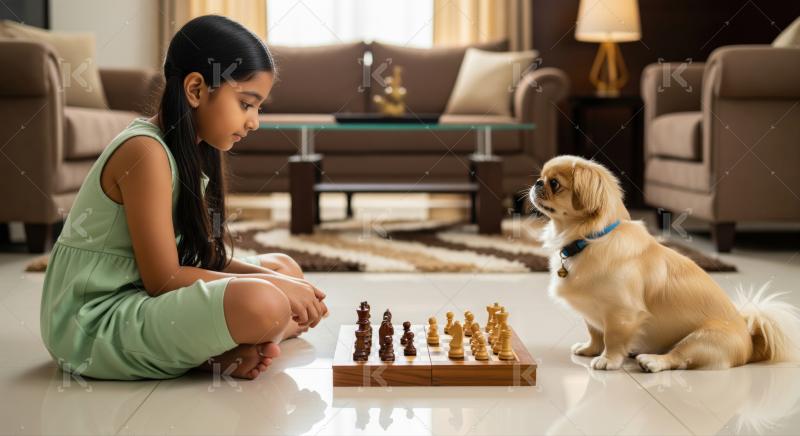 A charming scene of a child and pet enjoying a chess match.