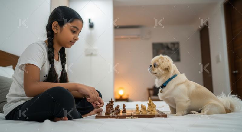 A young girl and her pet dog playing chess indoors.