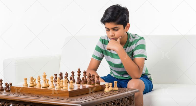Focused young boy thoughtfully playing a challenging game of chess.