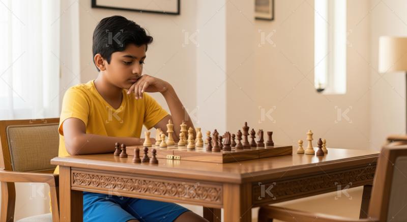 Thoughtful Indian boy concentrating on his strategic chess game.