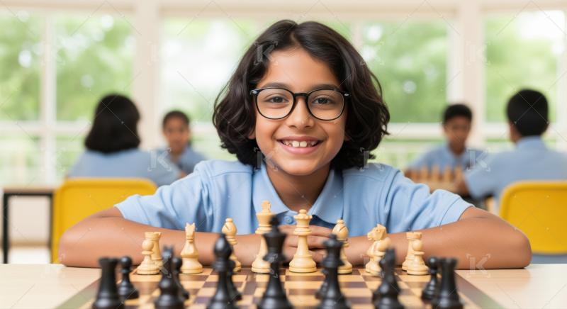 Bright Indian schoolgirl enjoys chess, learning strategy and critical thinking.