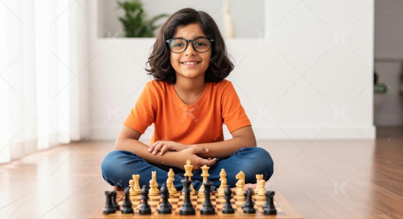 Happy child in glasses, sitting with a chessboard, ready to play.
