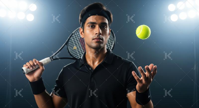 Determined athlete holding racket, ready to serve under stadium lights