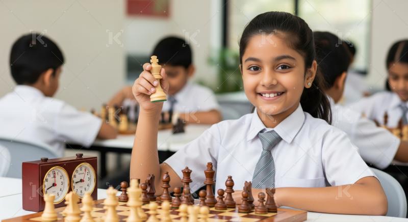 Enthusiastic schoolgirl enjoys strategic chess game, holding white king.