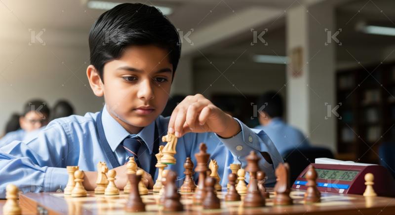 Young Indian student intently focusing on a competitive chess match.