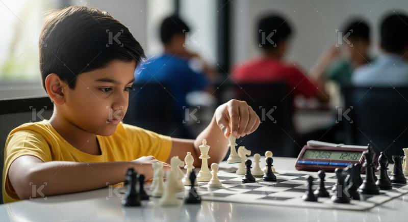 Focused young boy plays chess, making a thoughtful strategic move.