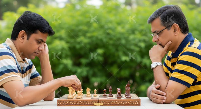 Friends intensely strategize their moves during an outdoor chess game.