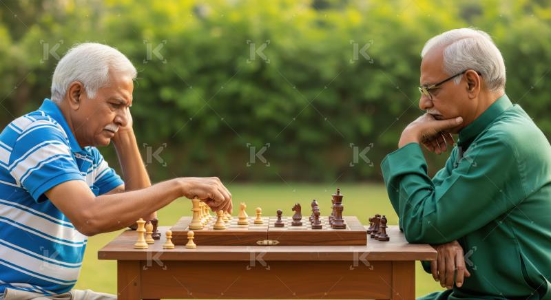 Two senior Indian men intently play chess outdoors.