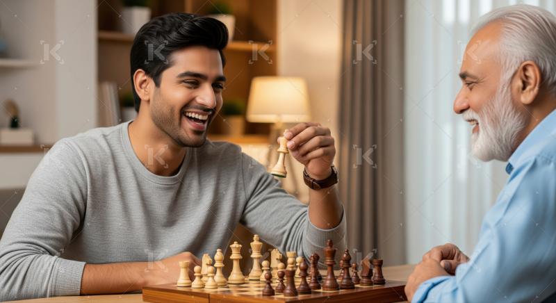 Two happy men enjoying a friendly intergenerational chess game.