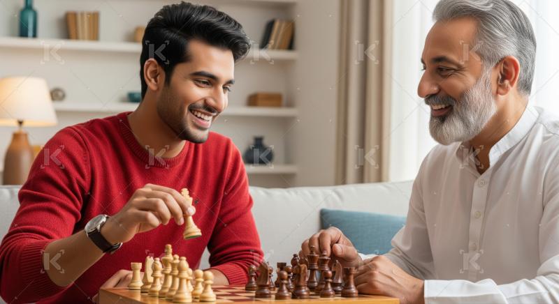 Happy father and son enjoying a strategic game of chess together.