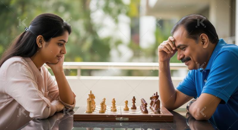Father and daughter engaged in a strategic game of chess.