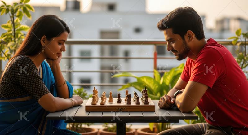 Concentrated man and woman playing strategic chess game together.