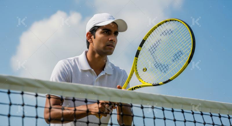 Focused male tennis player holding racket on an outdoor court