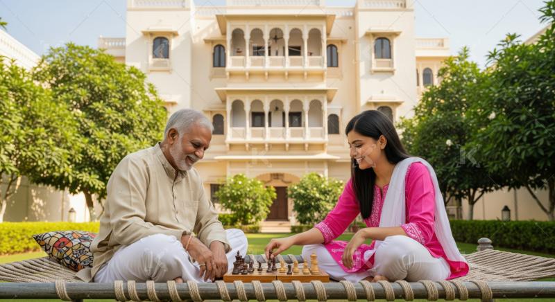 Happy Indian generations playing strategic board game together outdoors.