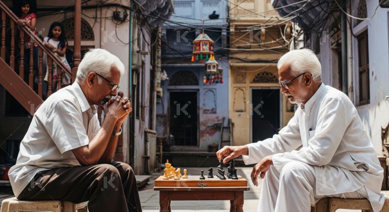 Two senior men focused on a strategic chess game.