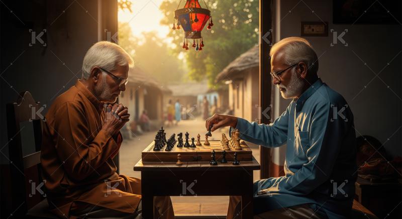 Two wise Indian elders engrossed in a strategic chess game.