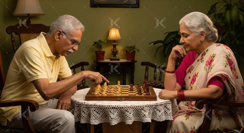 Elderly Indian couple concentrating on a strategic game of chess.