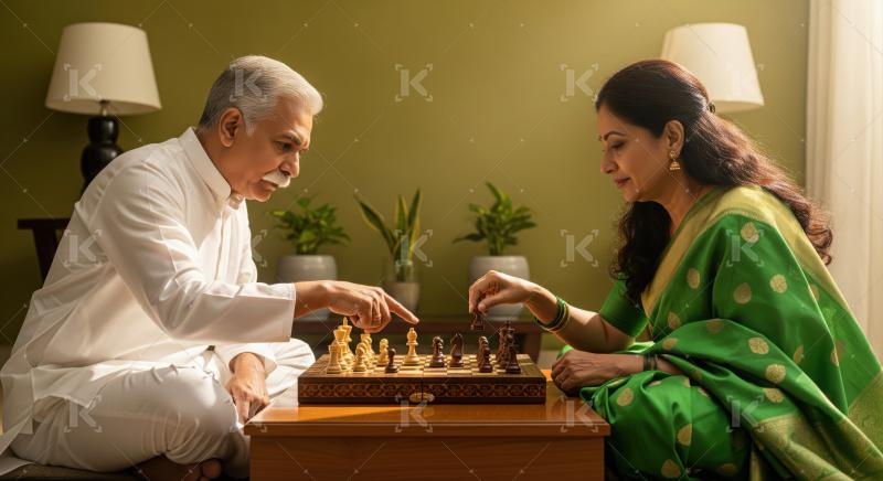Focused Indian couple strategically plays chess in their traditional home.