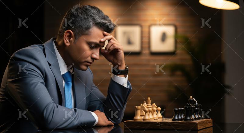 Focused businessman deeply strategic during a challenging chess game.
