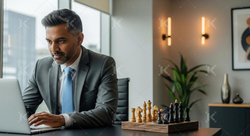 Focused businessman strategizing in a sleek office environment.