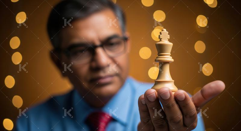 Man seriously holds chess king, focused on future strategy
