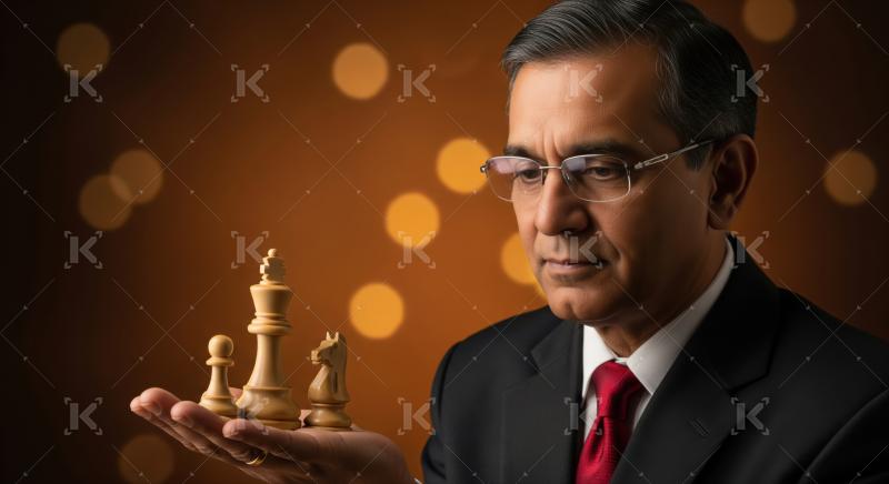 Thoughtful businessman holds chess pieces, symbolizing strategic decision-making and power.