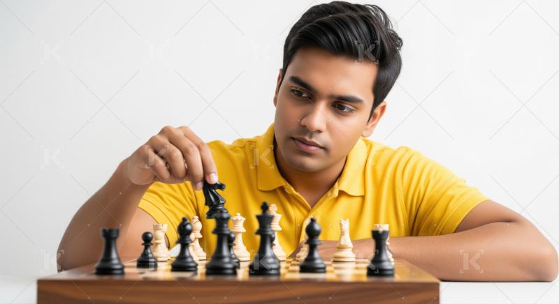 Focused player making a strategic move during intense chess game.