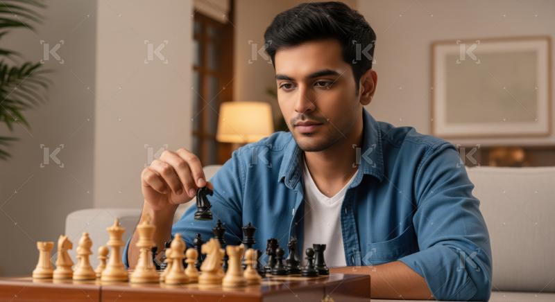 Young Man Strategically Playing Chess at Home