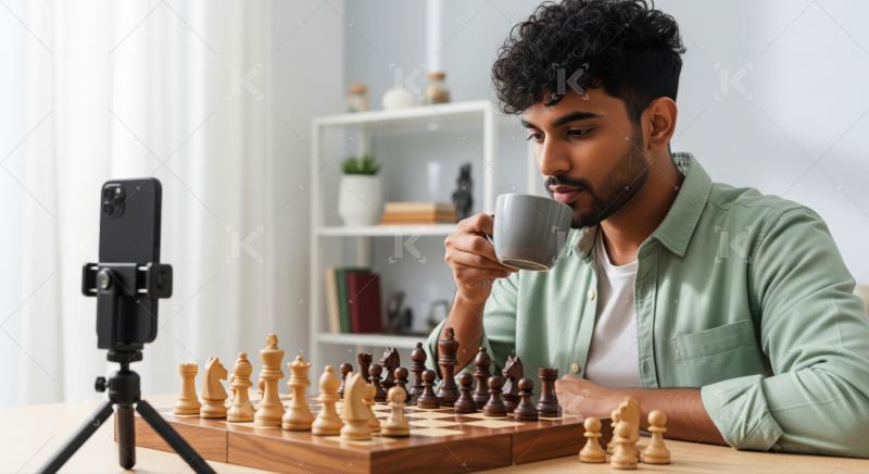 Focused young man plays chess, records game, sips coffee.