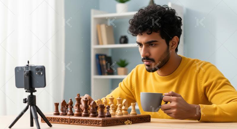 Focused man playing chess, live streaming with phone.
