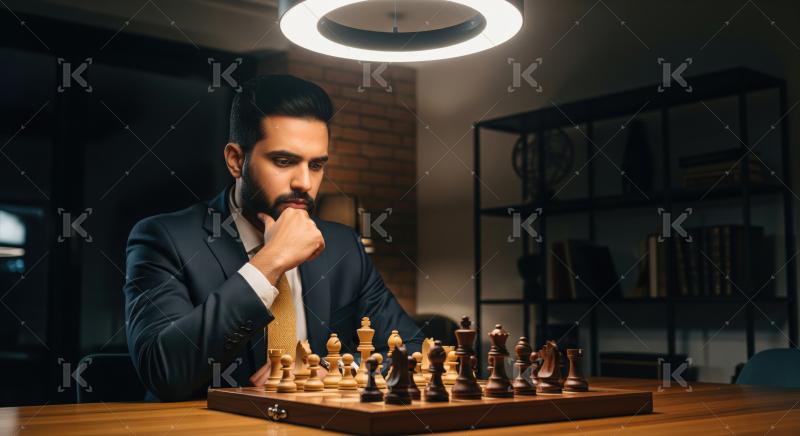 Focused man deeply strategizes his next move on chessboard.