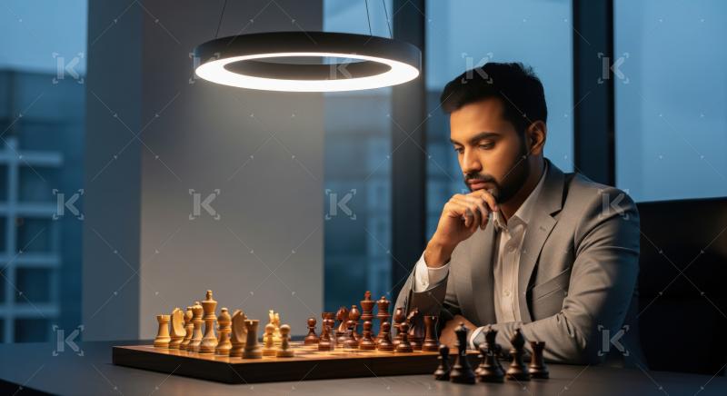 Serious businessman contemplating next move in intense chess game.
