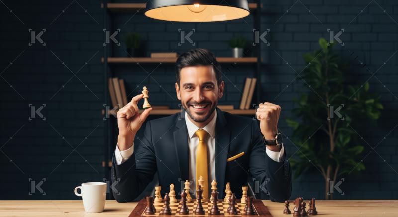 Happy man celebrating a decisive win in a chess match.