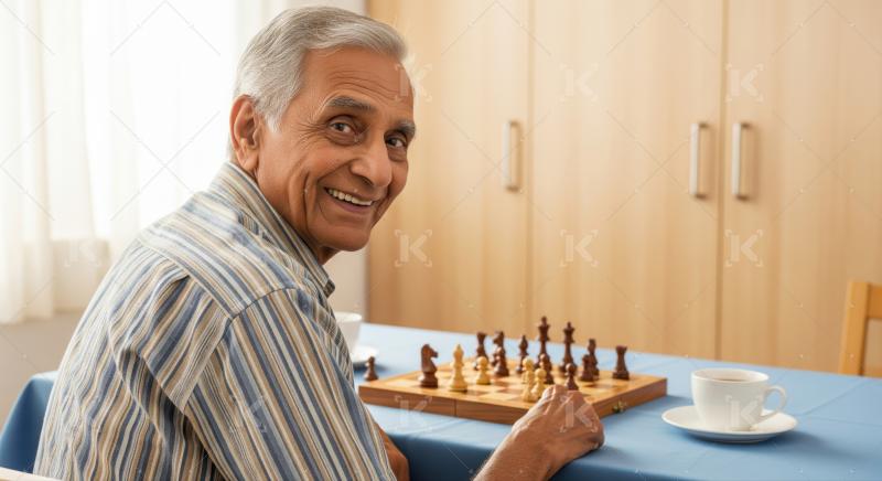 Elderly man smiles while enjoying a relaxing game of chess indoors.