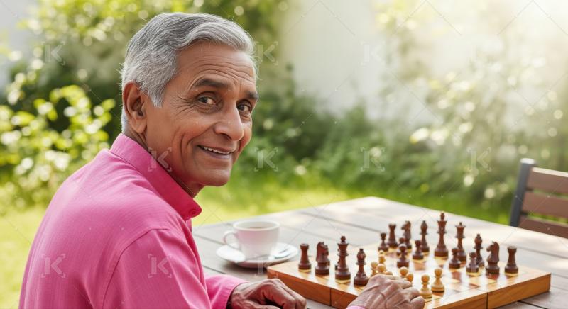 Happy senior man enjoys strategic chess game outdoors.