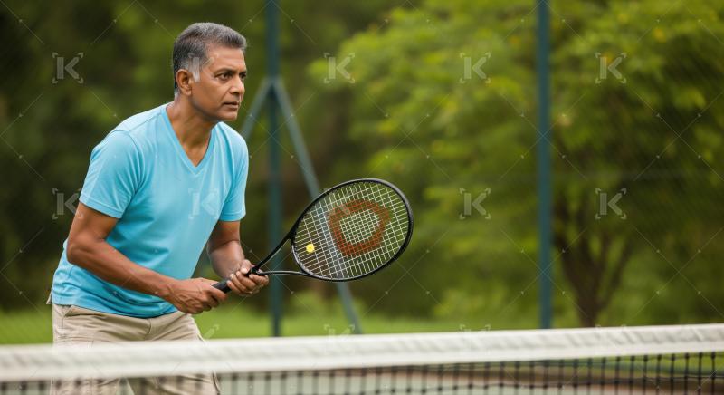 Mature man concentrated on tennis game with racket and ball.